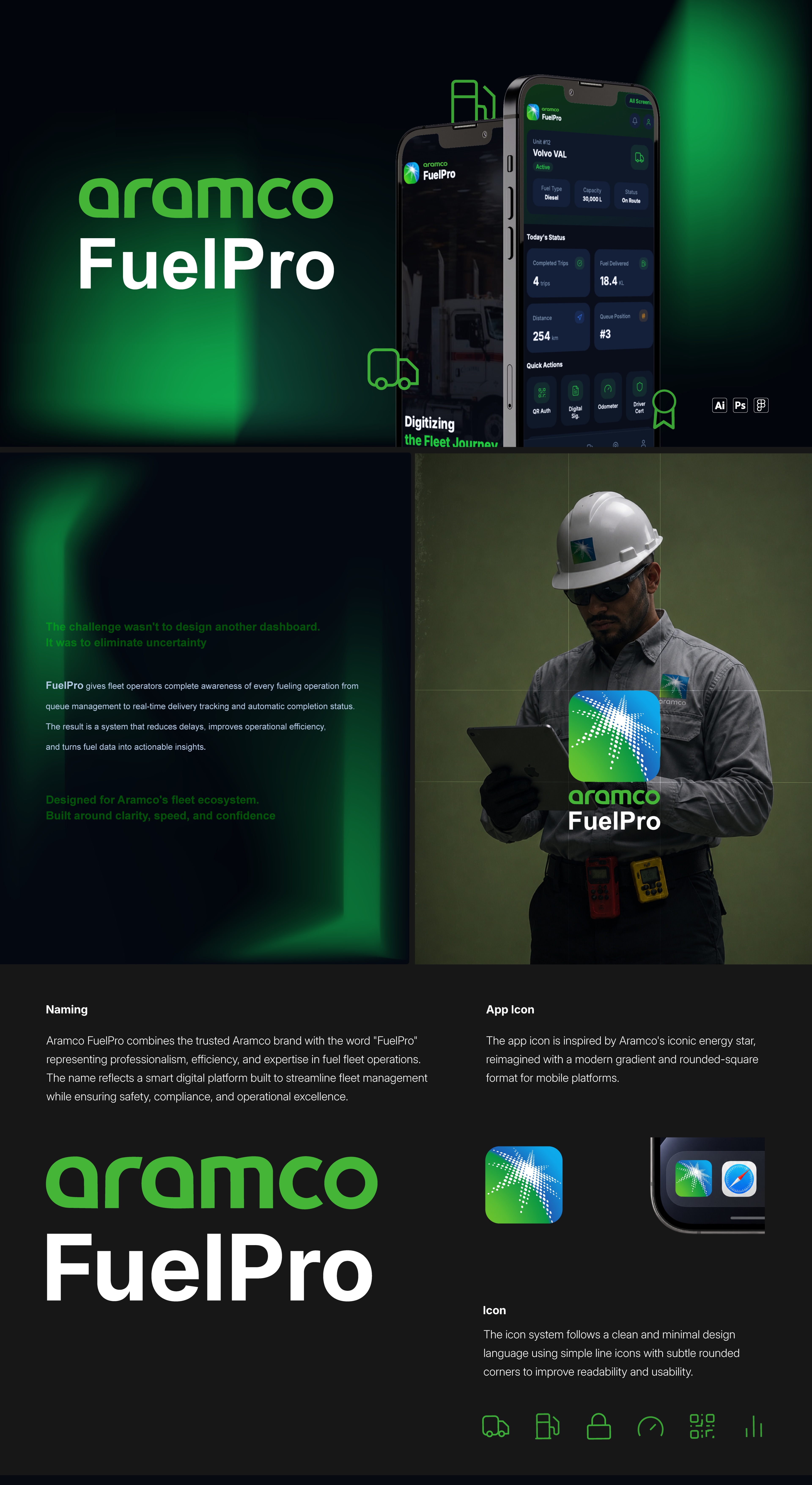 Aramco — FuelPro. FuelPro gives fleet operators complete awareness of every fueling operation from queue management to real-time delivery tracking and automatic completion status. The result is a system that reduces delays, improves operational efficiency, and turns fuel data into actionable insights. The app icon is inspired by Aramco's iconic energy star, reimagined with a modern gradient and rounded-square format for mobile platforms. The icon system follows a clean, minimal design language using simple line icons with subtle rounded corners to improve readability and usability.