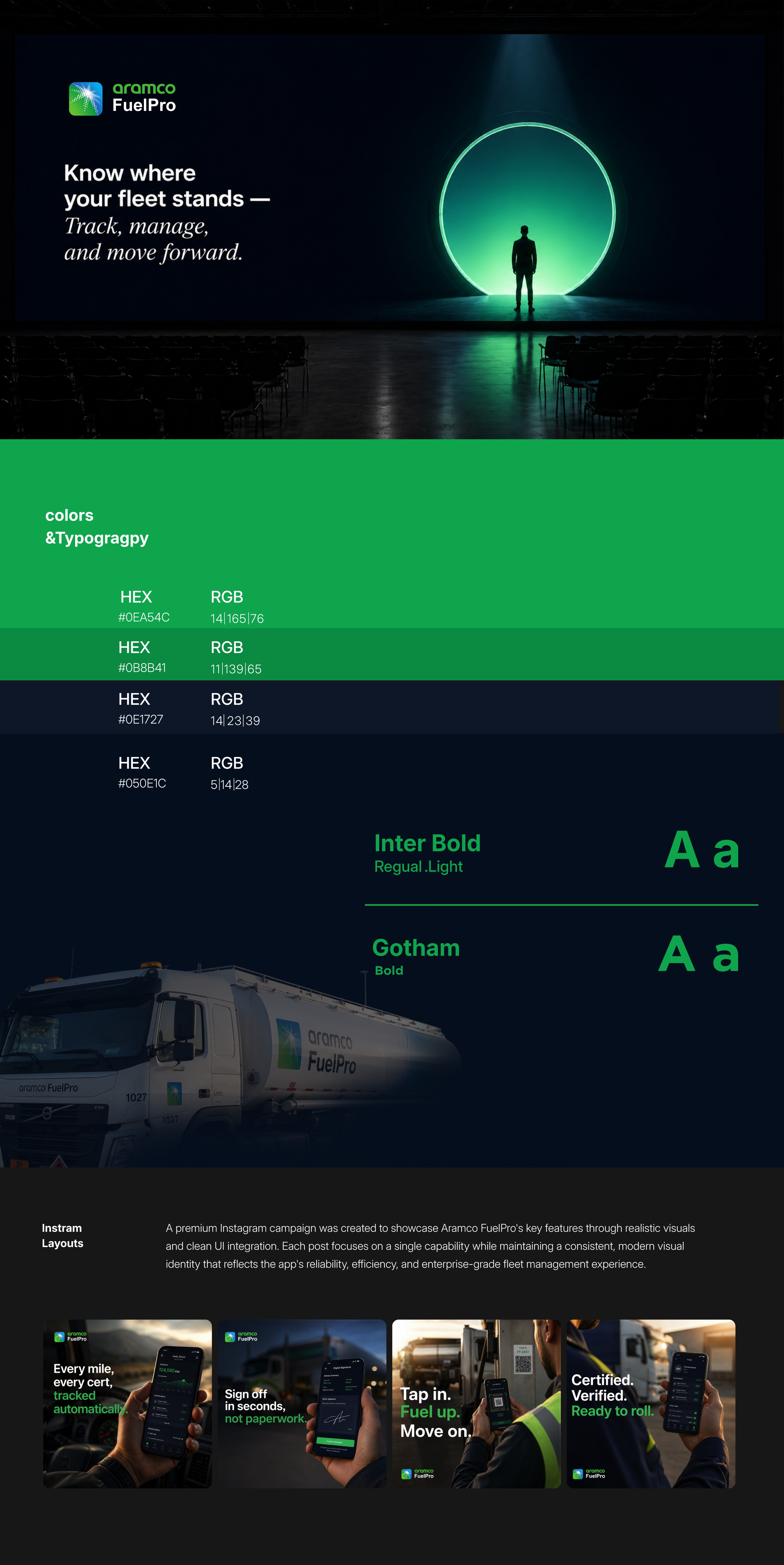 Aramco FuelPro brand film, colour and typography reference, fleet tanker livery, and the Instagram campaign layouts